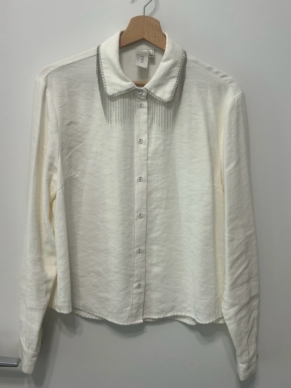 Y.A.S Y2K Western Off White Button Down Blouse Silver Chain Embellished Collar/S
